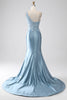 Load image into Gallery viewer, Grey Blue Mermaid Spaghetti Straps Long Beaded Formal Dress With Appliques