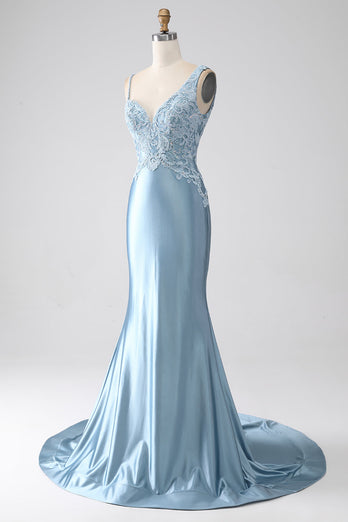 Grey Blue Mermaid Spaghetti Straps Long Beaded Formal Dress With Appliques