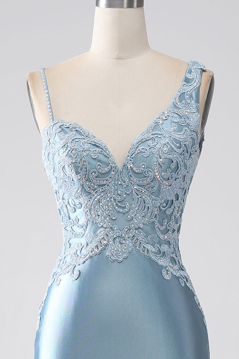 Load image into Gallery viewer, Grey Blue Mermaid Spaghetti Straps Long Beaded Formal Dress With Appliques