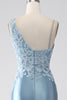 Load image into Gallery viewer, Grey Blue Mermaid Spaghetti Straps Long Beaded Formal Dress With Appliques