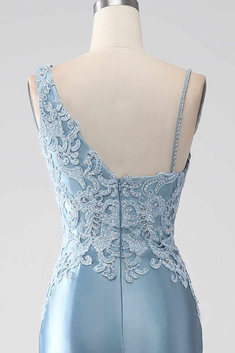 Load image into Gallery viewer, Grey Blue Mermaid Spaghetti Straps Long Beaded Formal Dress With Appliques