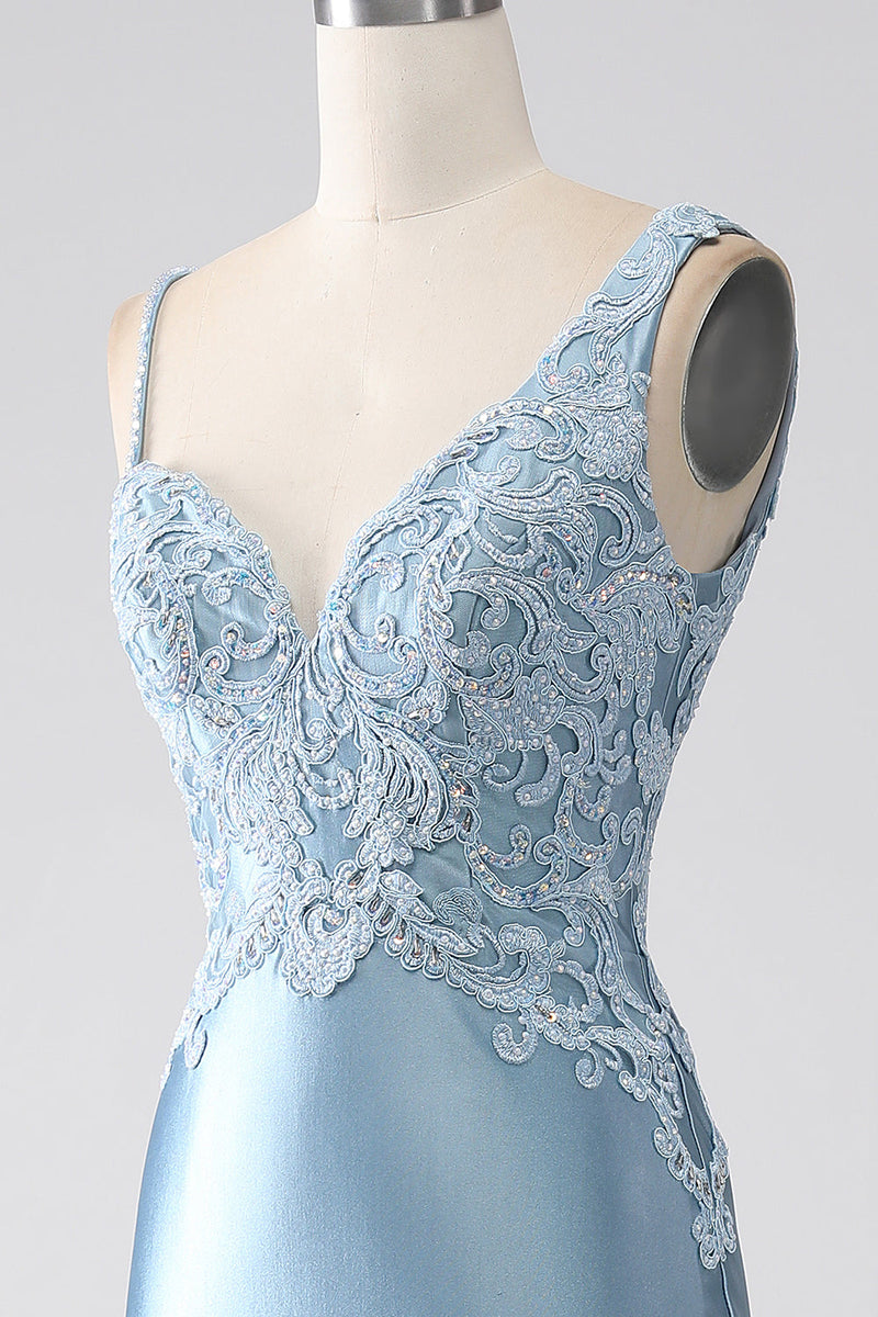 Load image into Gallery viewer, Grey Blue Mermaid Spaghetti Straps Long Beaded Formal Dress With Appliques