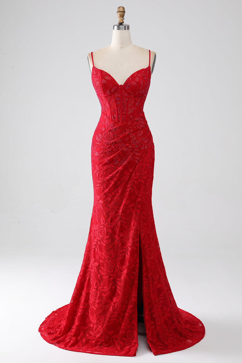 Load image into Gallery viewer, Red Mermaid Spaghetti Straps Beaded Lace Applique Formal Dress With Slit