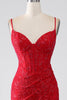 Load image into Gallery viewer, Red Mermaid Spaghetti Straps Beaded Lace Applique Formal Dress With Slit