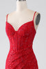 Load image into Gallery viewer, Red Mermaid Spaghetti Straps Beaded Lace Applique Formal Dress With Slit