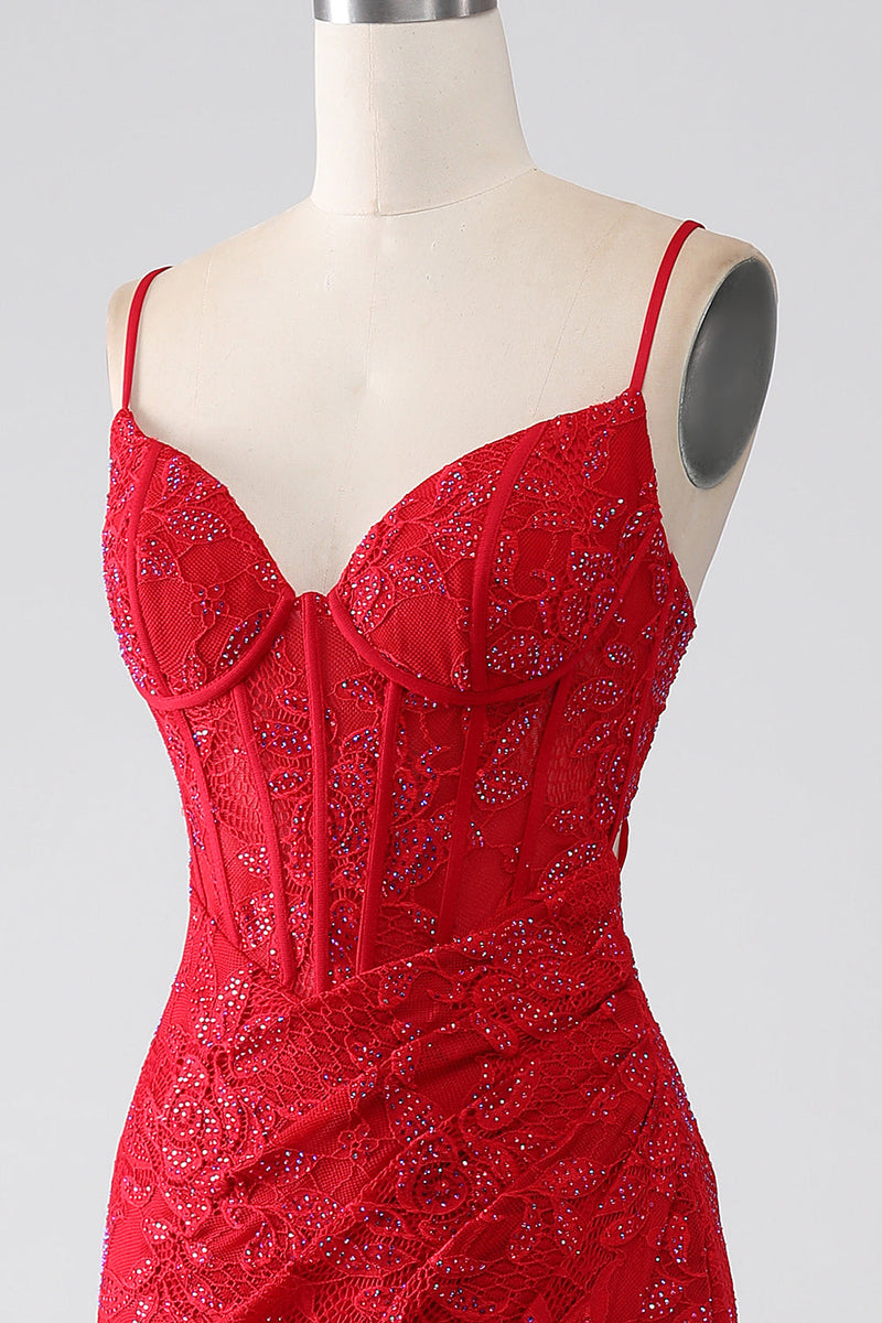 Load image into Gallery viewer, Red Mermaid Spaghetti Straps Beaded Lace Applique Formal Dress With Slit