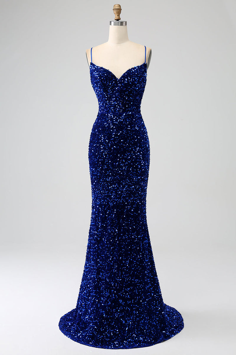 Load image into Gallery viewer, Elegant Royal Blue Mermaid Spaghetti Straps Velvet Sequin Long Formal Dress