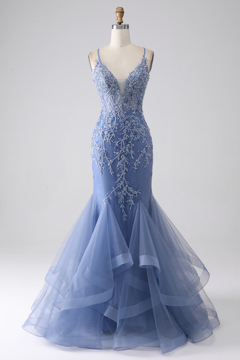 Load image into Gallery viewer, Grey Blue Mermaid Spaghetti Strap Beaded Backless Formal Dress With Appliques