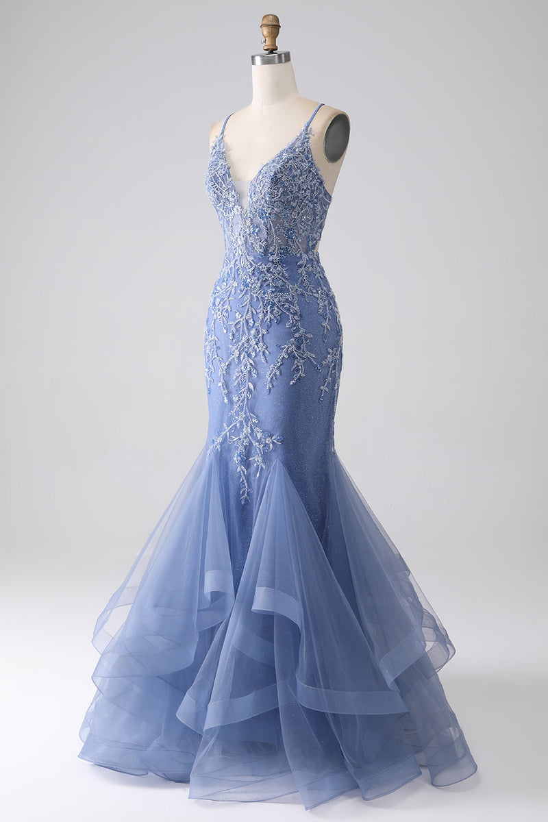 Load image into Gallery viewer, Grey Blue Mermaid Spaghetti Strap Beaded Backless Formal Dress With Appliques