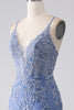 Load image into Gallery viewer, Grey Blue Mermaid Spaghetti Strap Beaded Backless Formal Dress With Appliques