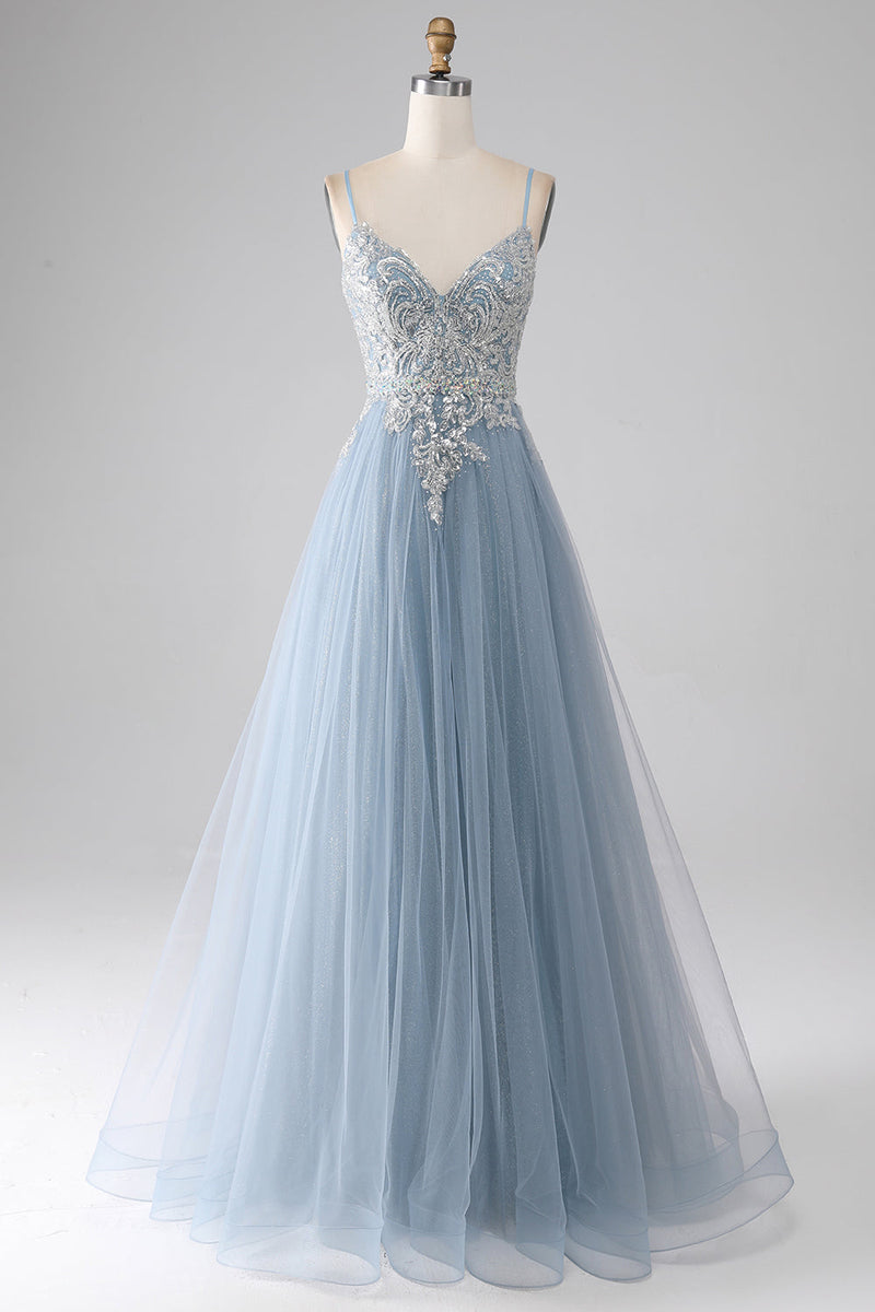 Load image into Gallery viewer, Grey Blue A-Line Spaghetti Straps Sparkly Sequin Long Formal Dress