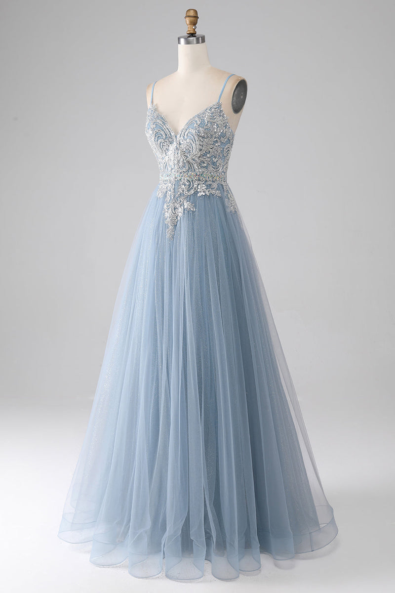 Load image into Gallery viewer, Grey Blue A-Line Spaghetti Straps Sparkly Sequin Long Formal Dress