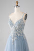 Load image into Gallery viewer, Grey Blue A-Line Spaghetti Straps Sparkly Sequin Long Formal Dress