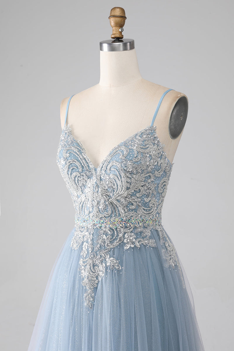 Load image into Gallery viewer, Grey Blue A-Line Spaghetti Straps Sparkly Sequin Long Formal Dress