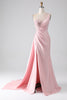 Load image into Gallery viewer, Pink Mermaid One Shoulder Sequins Appliques Ruched Formal Dress With Slit