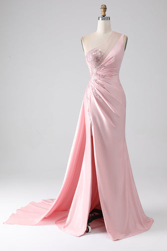 Pink Mermaid One Shoulder Sequins Appliques Ruched Formal Dress With Slit