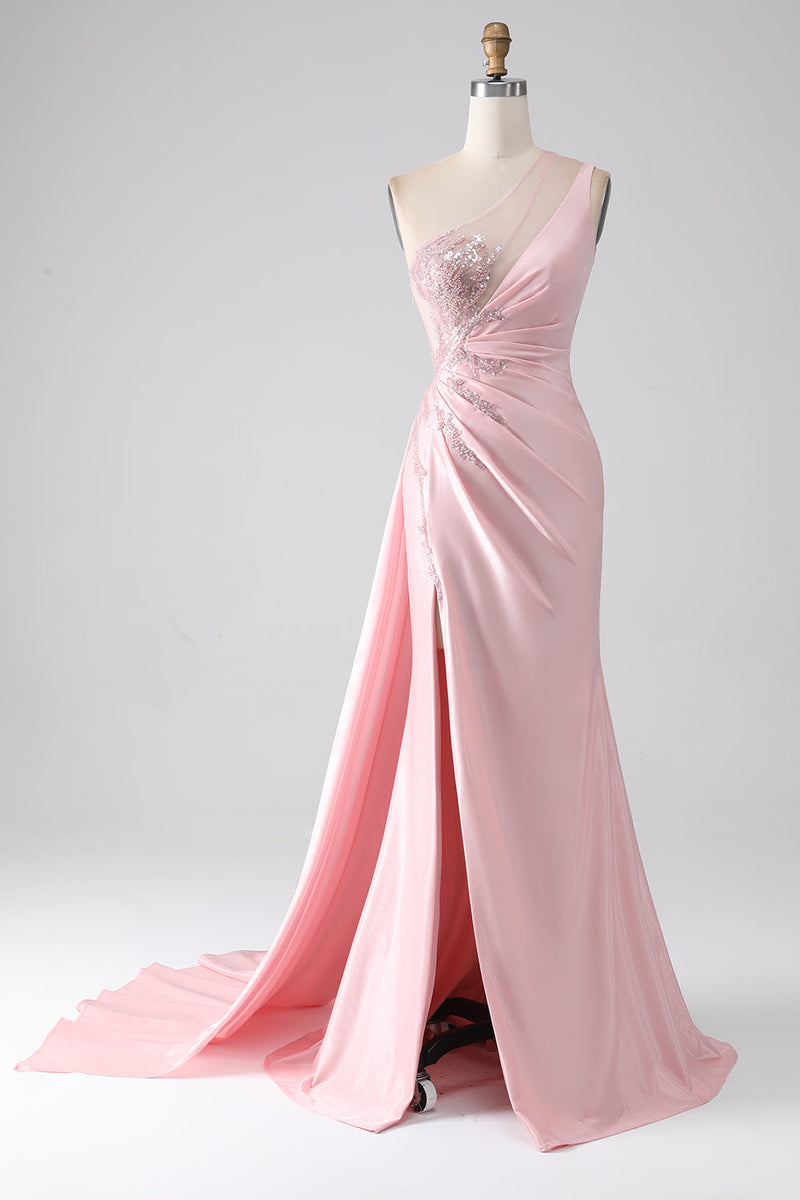 Load image into Gallery viewer, Pink Mermaid One Shoulder Sequins Appliques Ruched Formal Dress With Slit