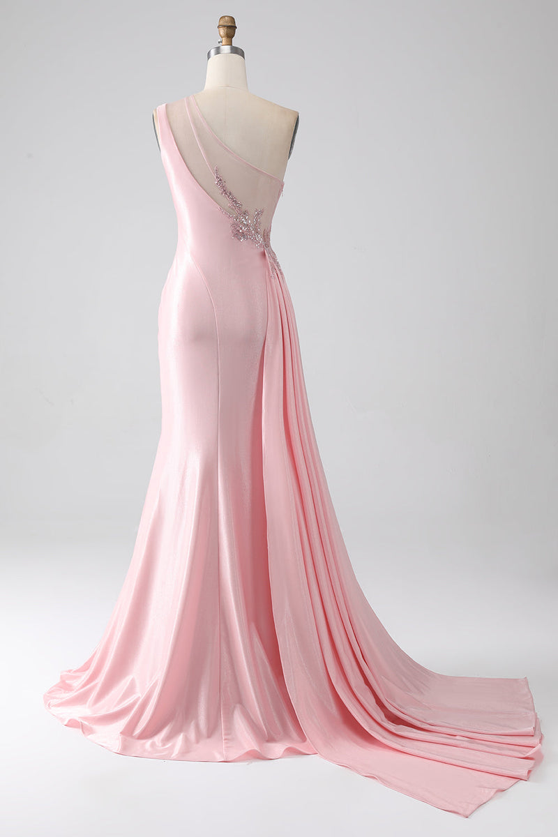 Load image into Gallery viewer, Pink Mermaid One Shoulder Sequins Appliques Ruched Formal Dress With Slit