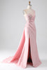 Load image into Gallery viewer, Pink Mermaid One Shoulder Sequins Appliques Ruched Formal Dress With Slit