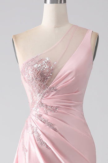 Pink Mermaid One Shoulder Sequins Appliques Ruched Formal Dress With Slit