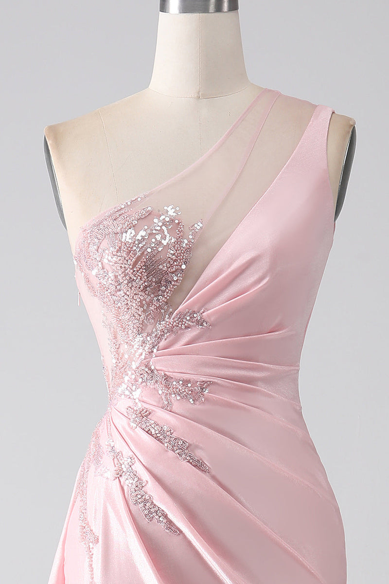 Load image into Gallery viewer, Pink Mermaid One Shoulder Sequins Appliques Ruched Formal Dress With Slit