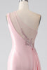 Load image into Gallery viewer, Pink Mermaid One Shoulder Sequins Appliques Ruched Formal Dress With Slit