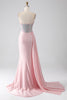 Load image into Gallery viewer, Pink Mermaid Strapless Beaded Pleated Long Formal Dress With High Slit