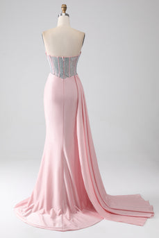 Pink Mermaid Strapless Beaded Pleated Long Formal Dress With High Slit