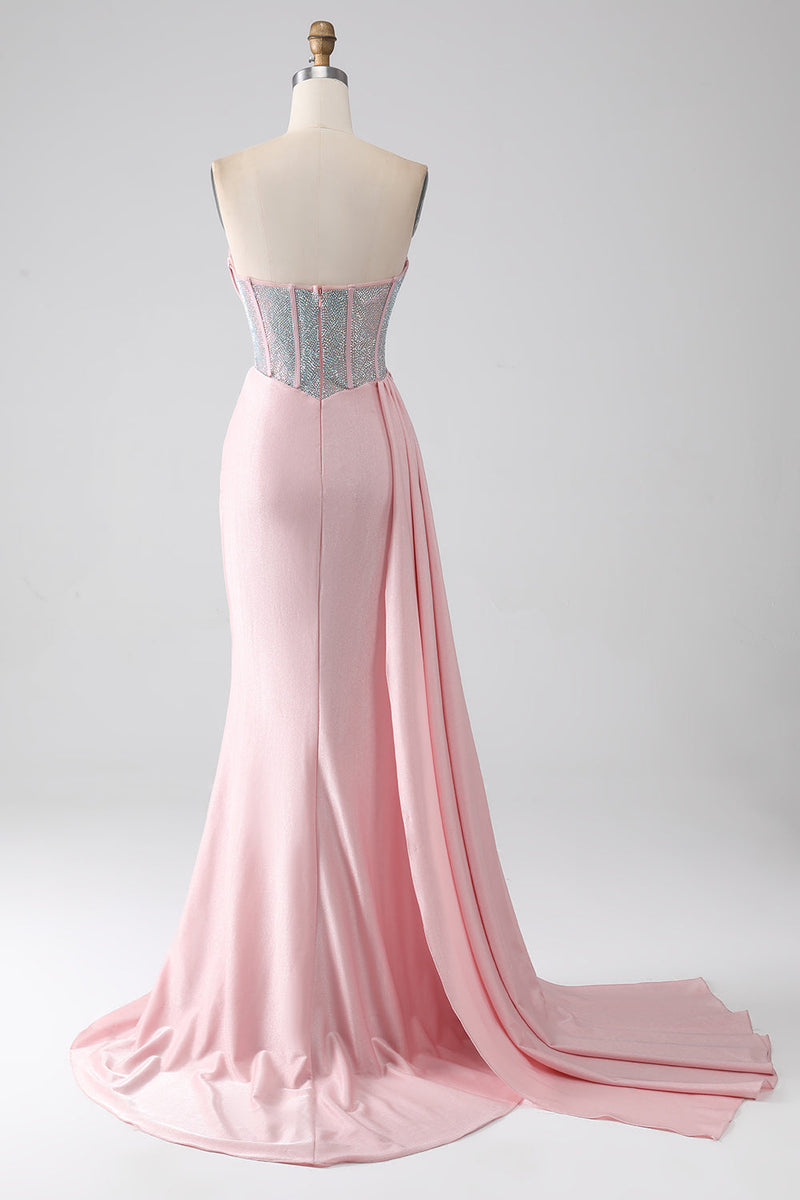 Load image into Gallery viewer, Pink Mermaid Strapless Beaded Pleated Long Formal Dress With High Slit