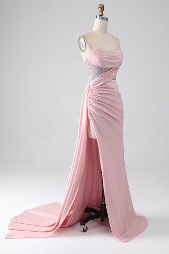 Pink Mermaid Strapless Beaded Pleated Long Formal Dress With High Slit