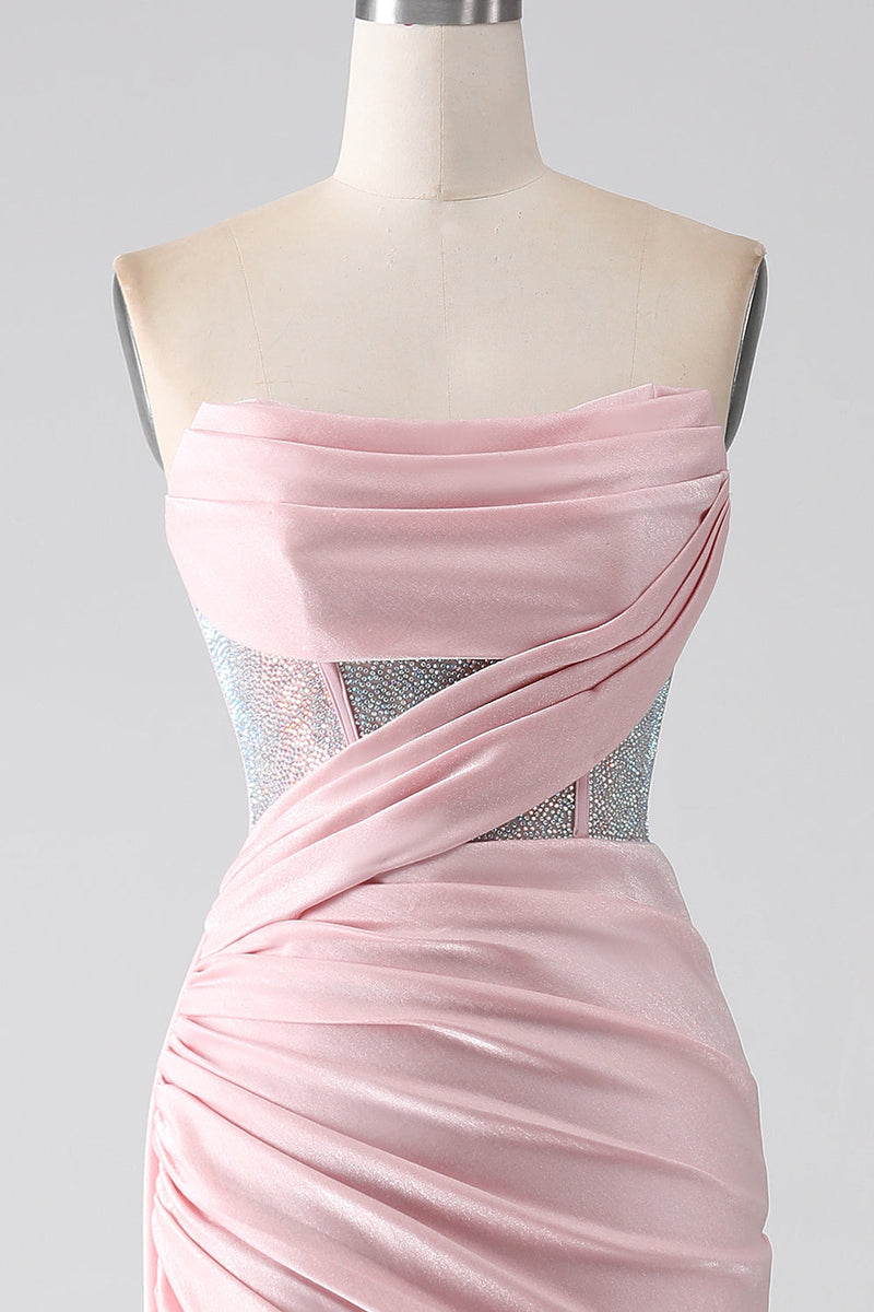 Load image into Gallery viewer, Pink Mermaid Strapless Beaded Pleated Long Formal Dress With High Slit