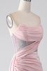 Load image into Gallery viewer, Pink Mermaid Strapless Beaded Pleated Long Formal Dress With High Slit