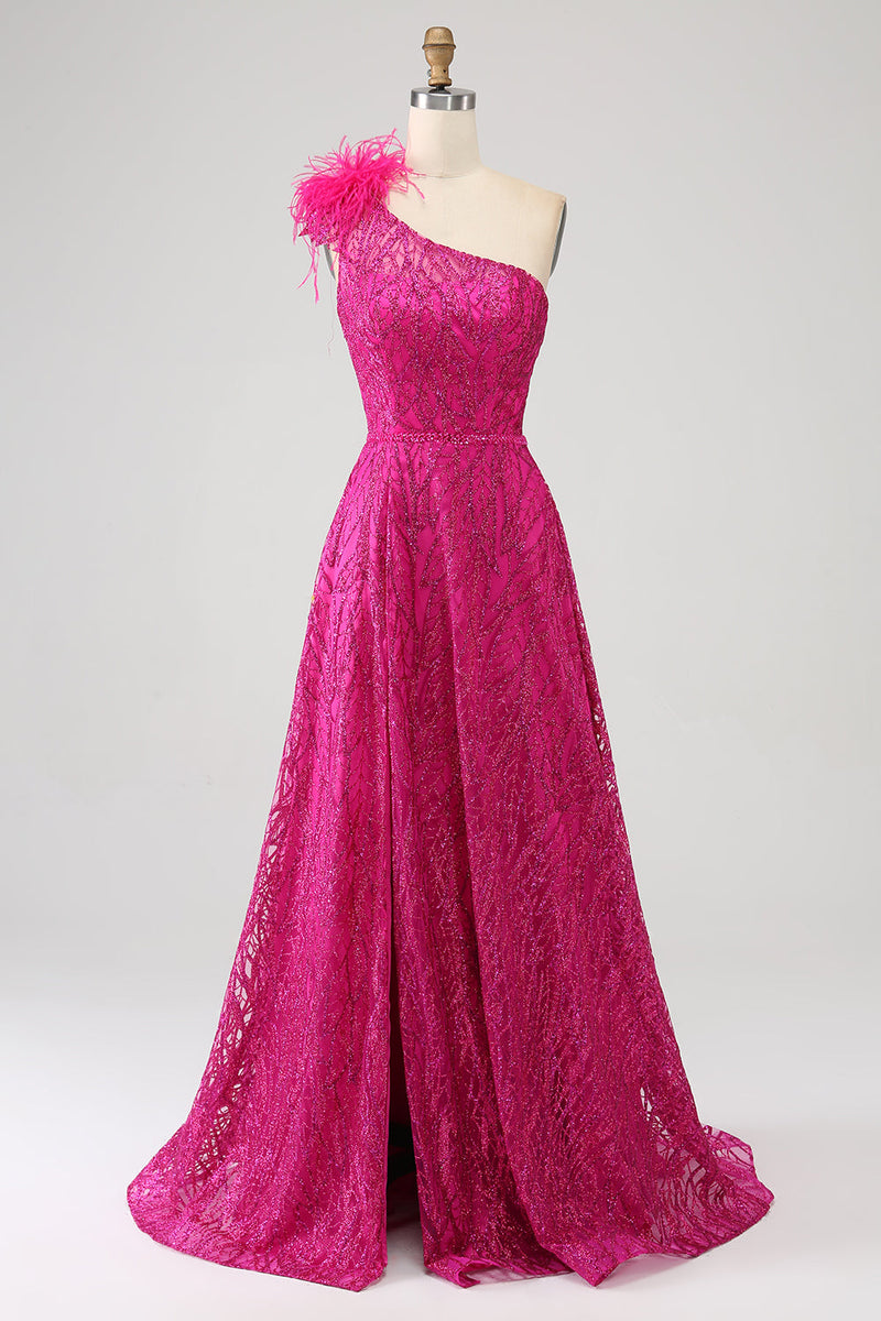 Load image into Gallery viewer, Fuchsia A-Line One Shoulder Feather Sequin Long Formal Dress With Slit