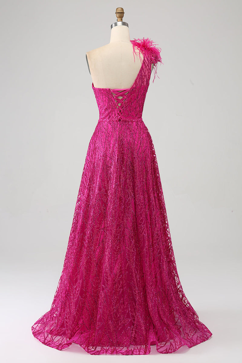 Load image into Gallery viewer, Fuchsia A-Line One Shoulder Feather Sequin Long Formal Dress With Slit