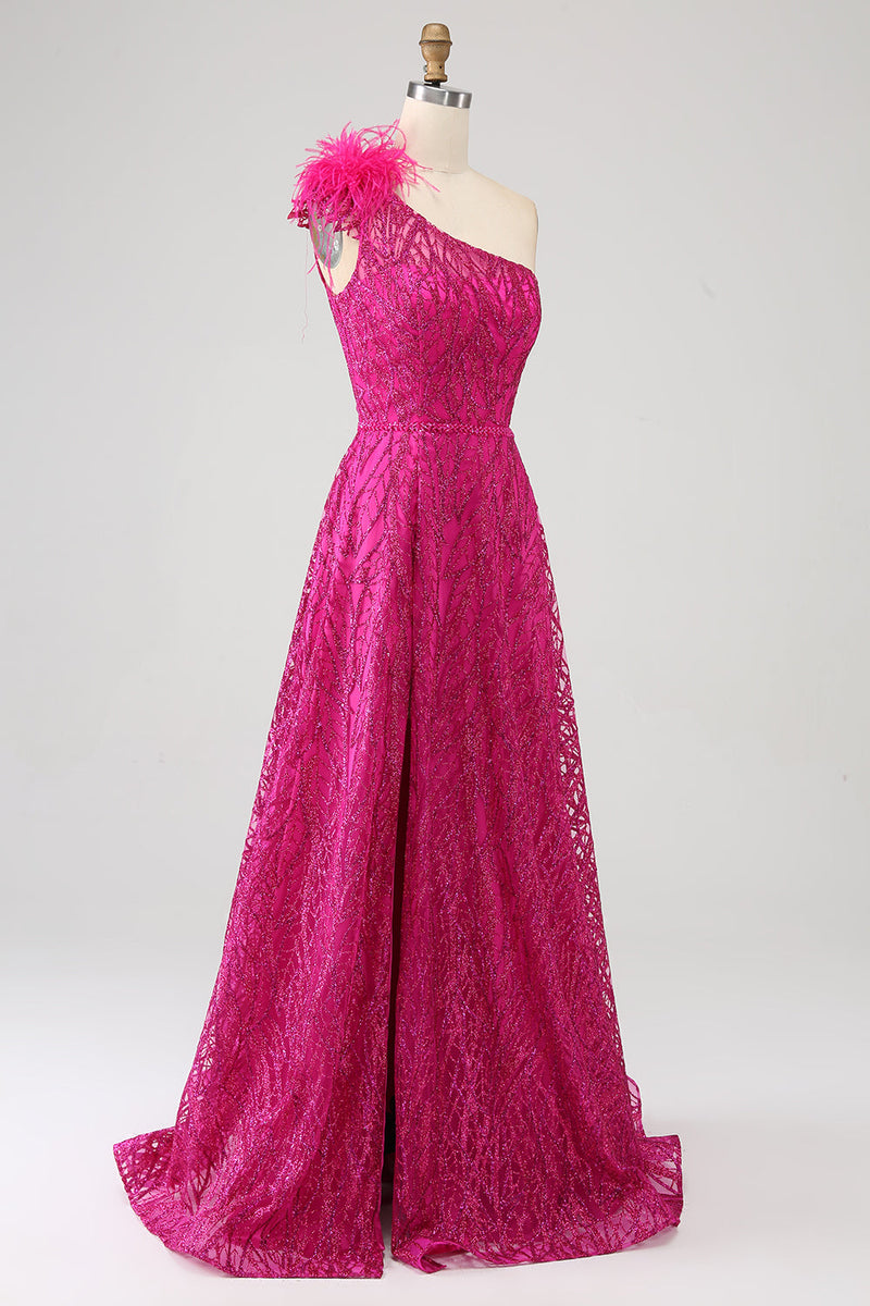 Load image into Gallery viewer, Fuchsia A-Line One Shoulder Feather Sequin Long Formal Dress With Slit