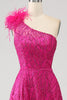 Load image into Gallery viewer, Fuchsia A-Line One Shoulder Feather Sequin Long Formal Dress With Slit