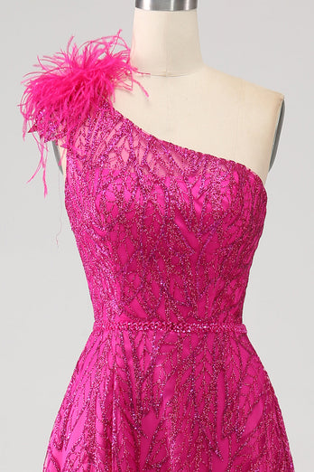 Fuchsia A-Line One Shoulder Feather Sequin Long Formal Dress With Slit