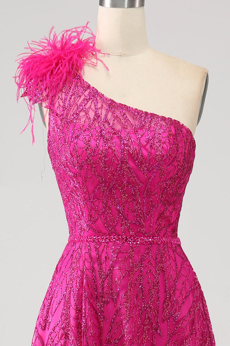 Load image into Gallery viewer, Fuchsia A-Line One Shoulder Feather Sequin Long Formal Dress With Slit