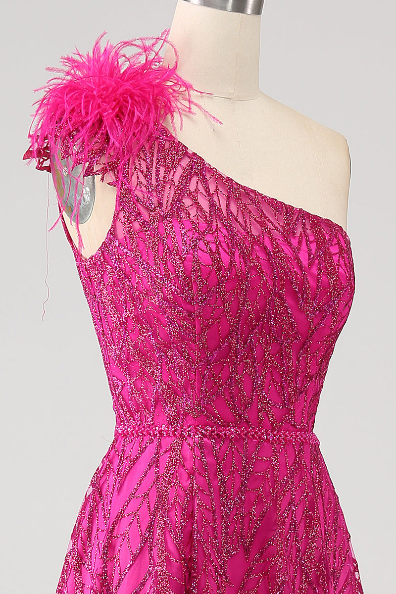 Load image into Gallery viewer, Fuchsia A-Line One Shoulder Feather Sequin Long Formal Dress With Slit