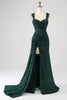 Load image into Gallery viewer, Dark Green Sheath Sparkly Sequin Pleated Long Formal Dress With Thigh Split