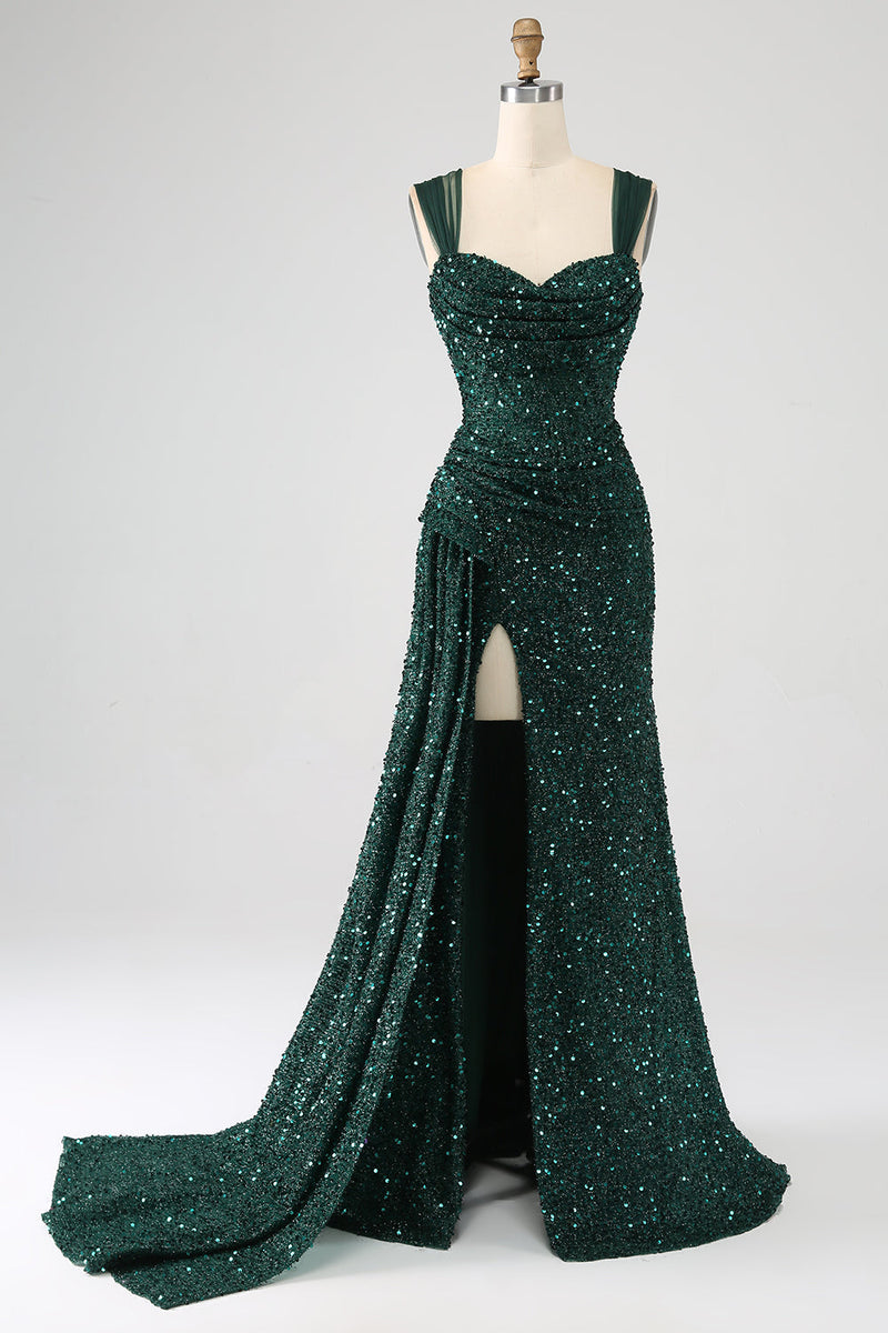 Load image into Gallery viewer, Dark Green Sheath Sparkly Sequin Pleated Long Formal Dress With Thigh Split