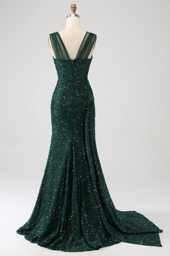 Dark Green Sheath Sparkly Sequin Pleated Long Formal Dress With Thigh Split