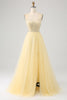 Load image into Gallery viewer, Tulle Beaded Light Yellow Formal Dress with Slit