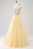 Load image into Gallery viewer, Tulle Beaded Light Yellow Formal Dress with Slit