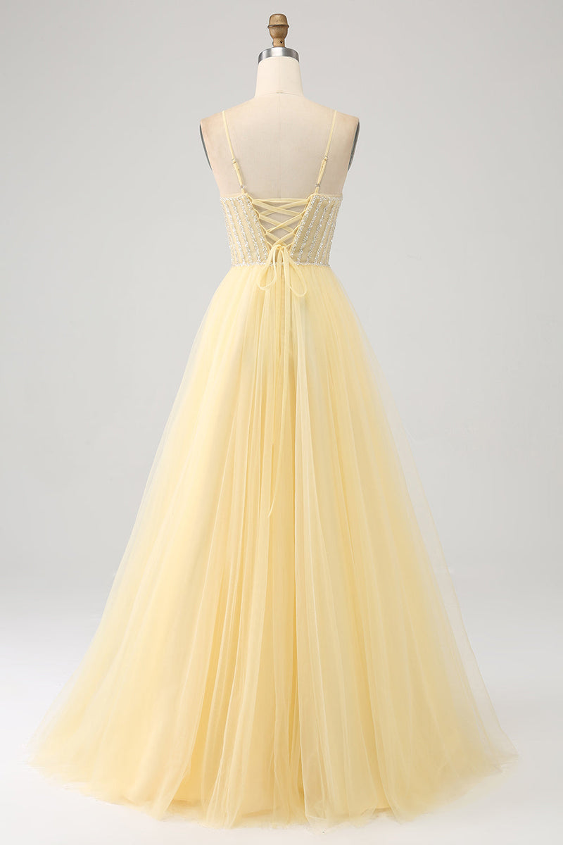 Load image into Gallery viewer, Tulle Beaded Light Yellow Formal Dress with Slit