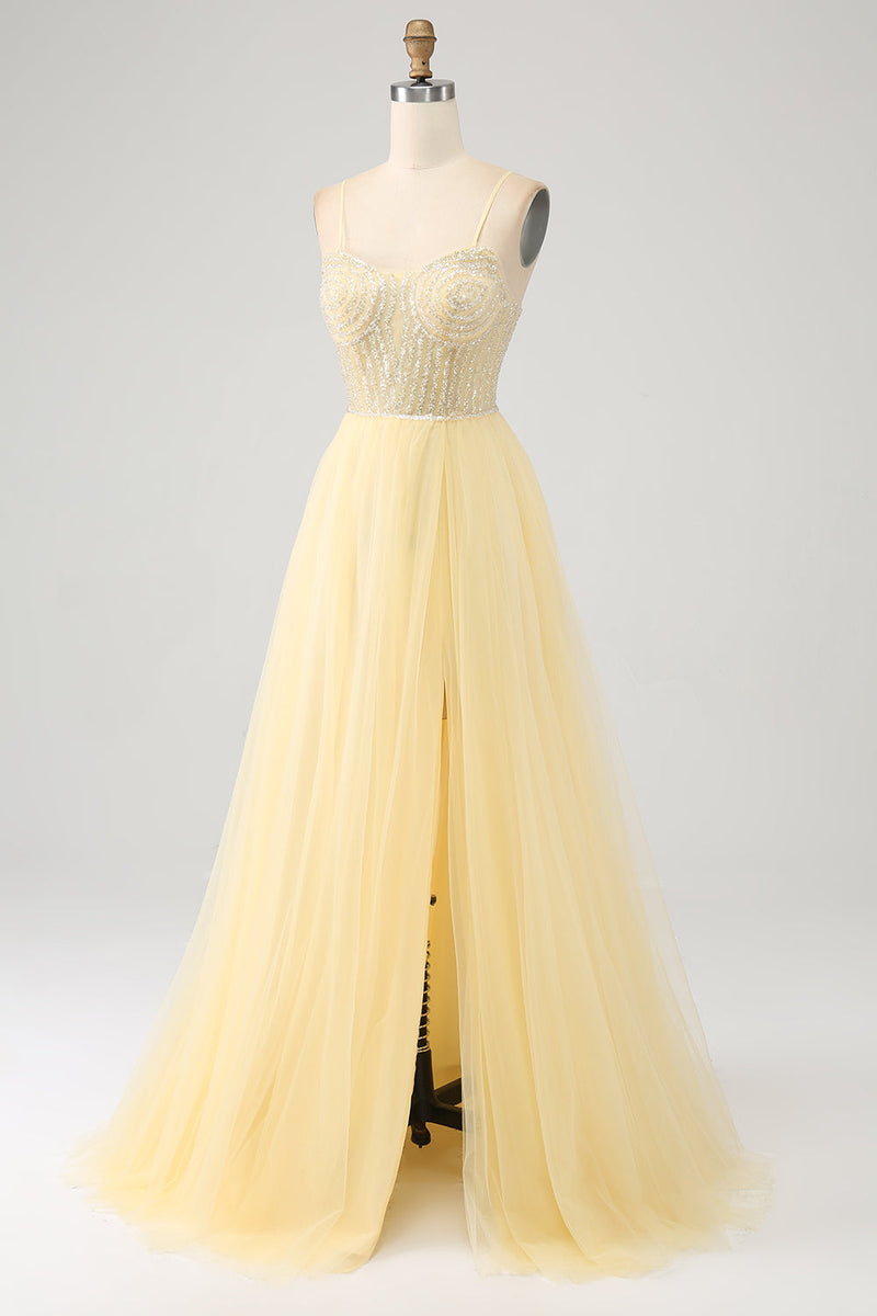 Load image into Gallery viewer, Tulle Beaded Light Yellow Formal Dress with Slit