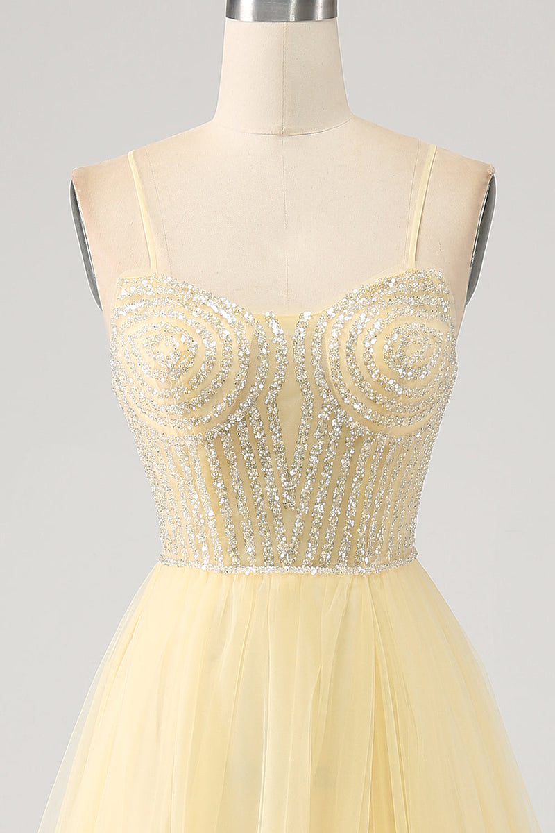 Load image into Gallery viewer, Tulle Beaded Light Yellow Formal Dress with Slit