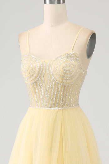 Tulle Beaded Light Yellow Formal Dress with Slit