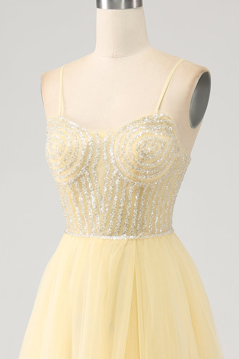 Load image into Gallery viewer, Tulle Beaded Light Yellow Formal Dress with Slit