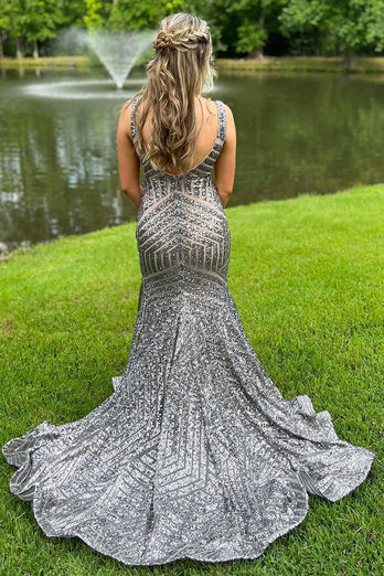 Sparkly Blue Deep V-Neck Mermaid Formal Dress